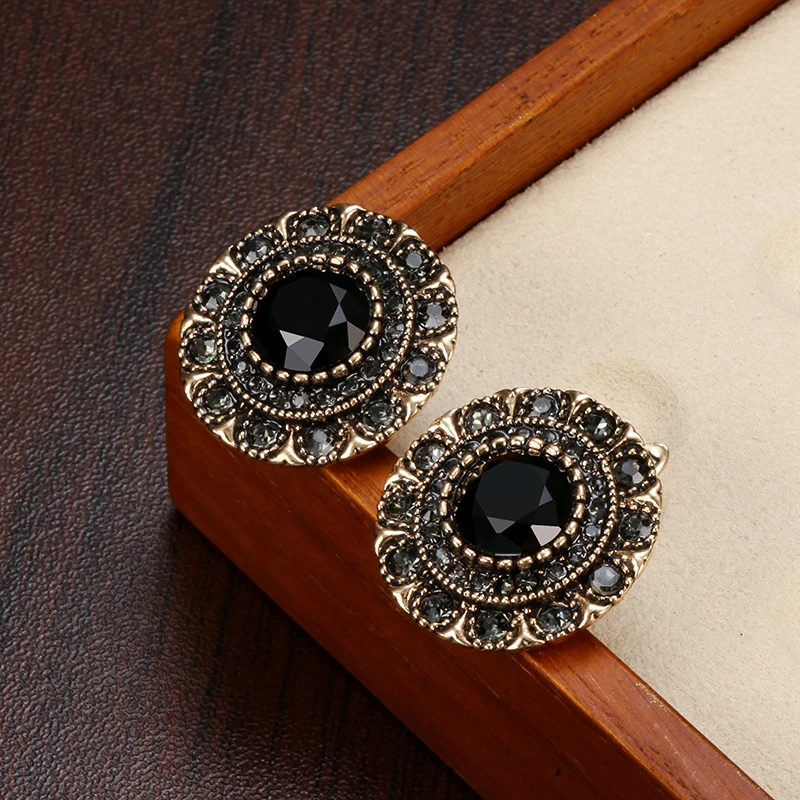 Pendientes Elegantes Redondeados con Cristal Negro