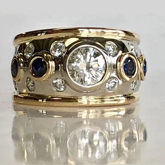 Anillo Vintage de Incrustación de Oro y Circonita