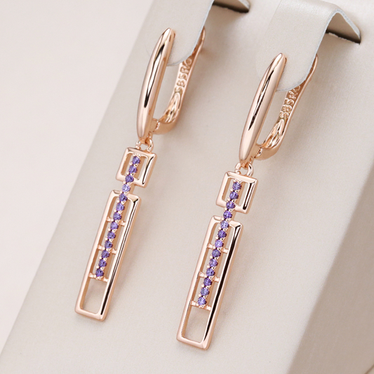 Pendientes Rectangulares Elegantes con Cristales Morados en Oro