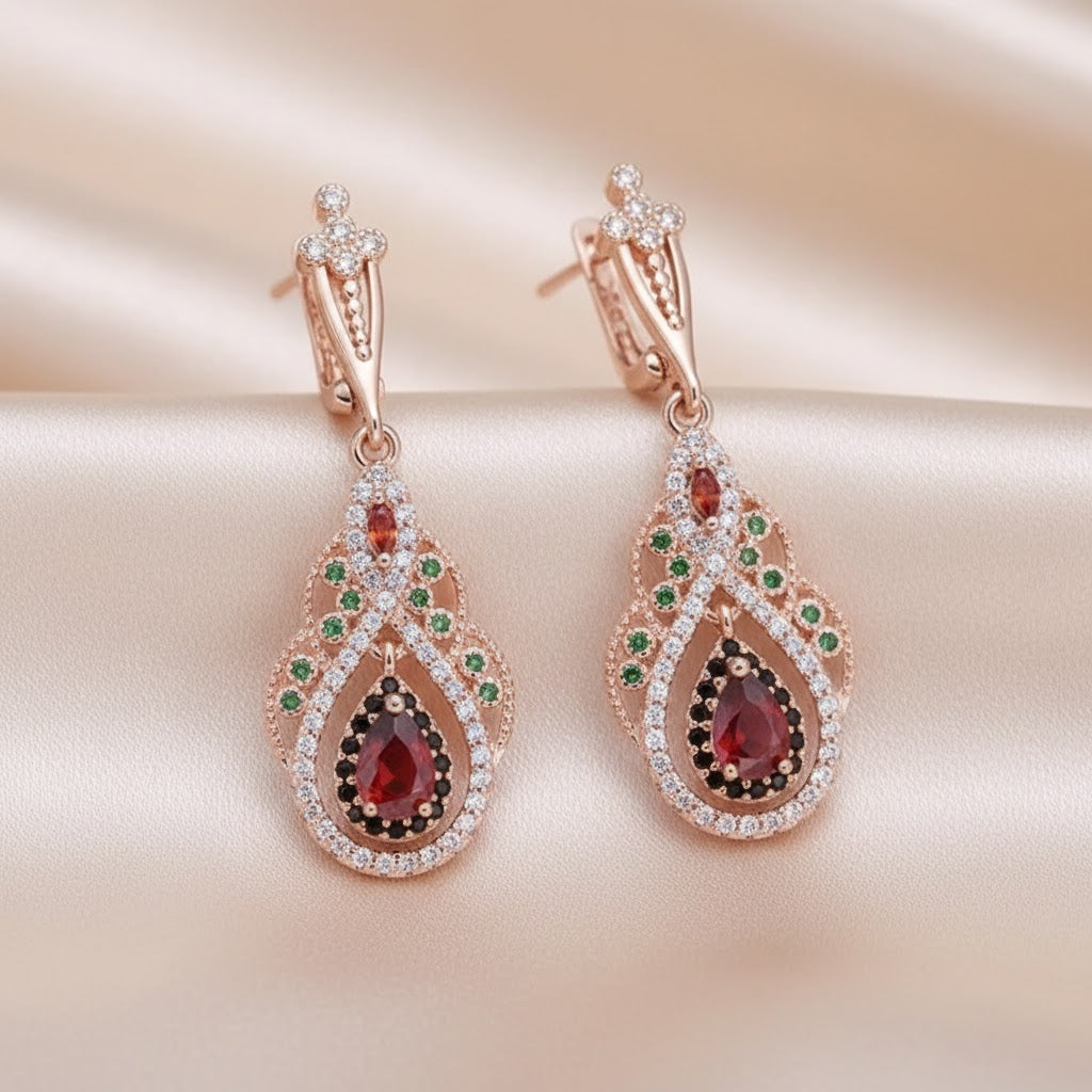 Pendientes Rojos con Circonia en Oro