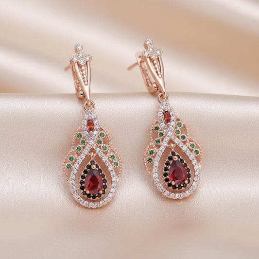 Pendientes Rojos con Circonia en Oro
